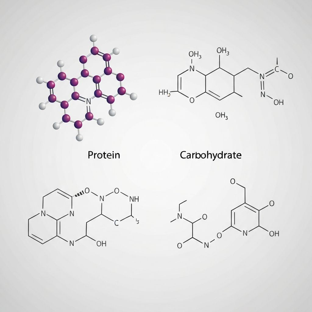 Scientific illustration of protein, carbohydrate and fat molecules